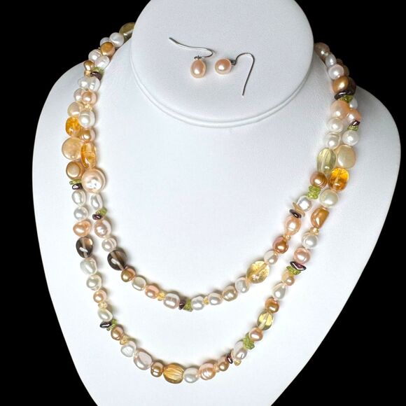 Honora 40" Freshwater Pearl & Gemstone Necklace w/ Earrings Citrine Smoky Quartz - Picture 1 of 16